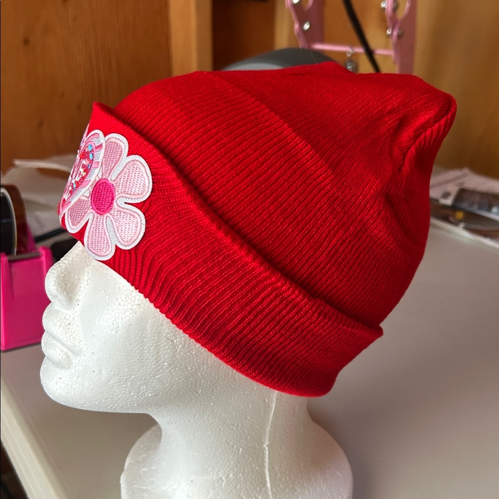 Women's Red Beanie with Heart and Flower Design - Picture 2 of 5
